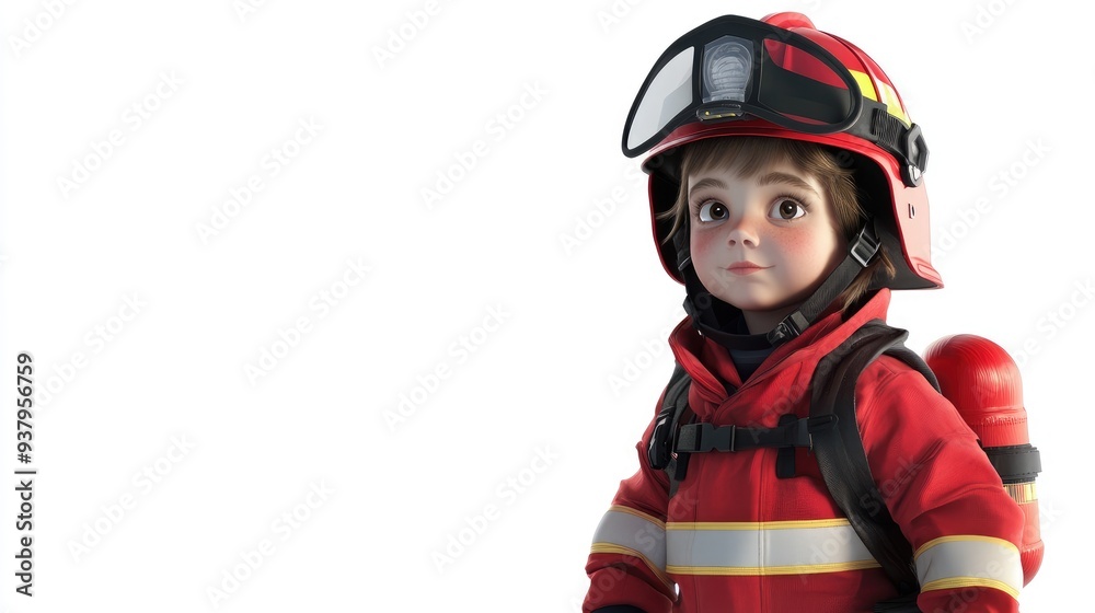 A child wearing a firefighter's uniform , 3D illustration, isolated on white background A child wearing a firefighter's uniform , 3D illustration, isolated on white background
