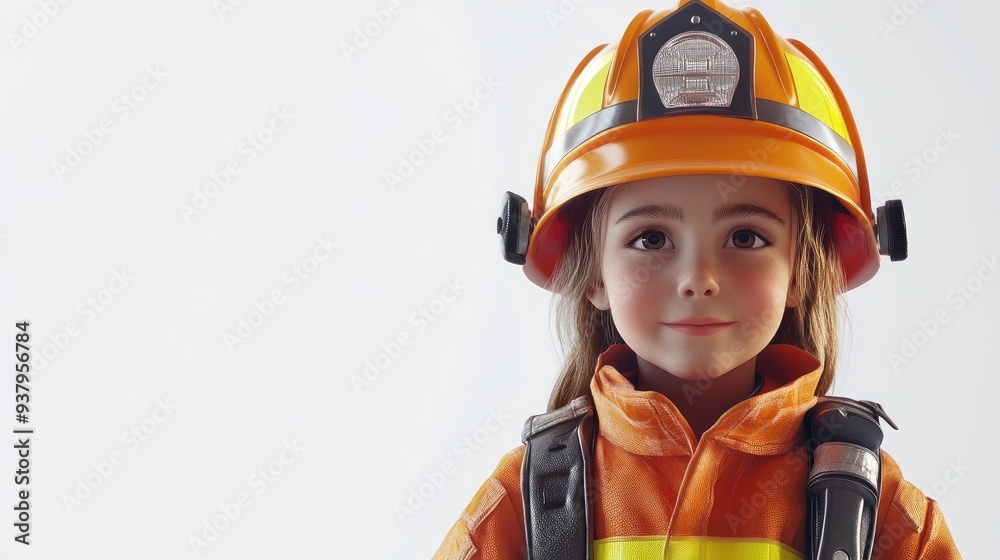 A child wearing a firefighter's uniform , 3D illustration, isolated on white background A child wearing a firefighter's uniform , 3D illustration, isolated on white background