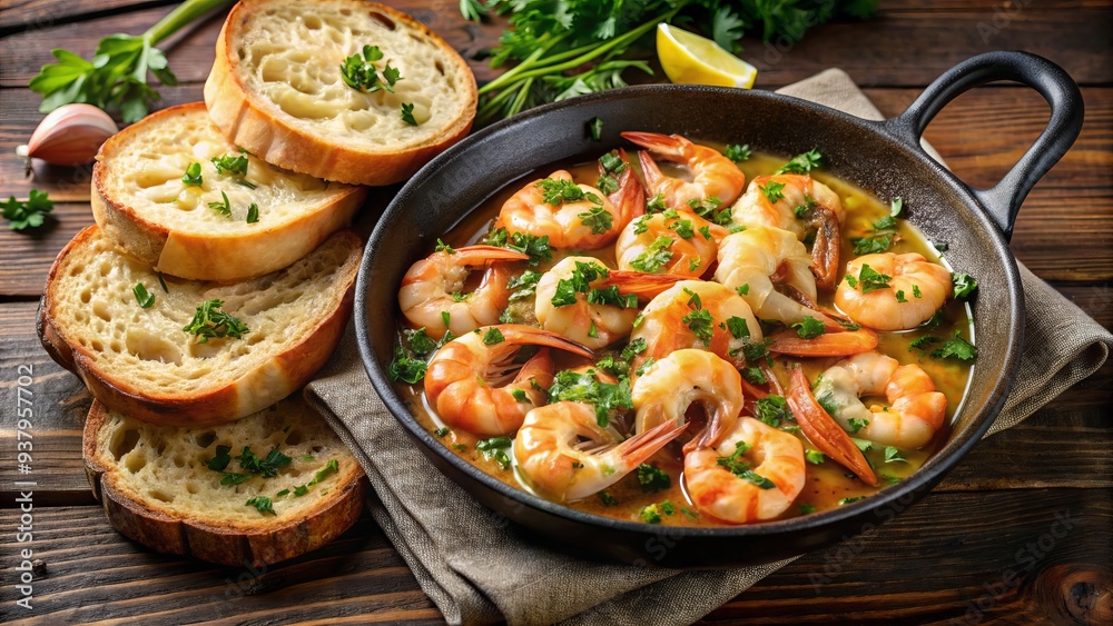 Freshly cooked succulent shrimp sizzling in a savory garlic butter sauce, garnished with chopped parsley and served with a side of crusty bread for dipping. Freshly cooked succulent shrimp sizzling in a savory garlic butter sauce, garnished with chopped parsley and served with a side of crusty bread for dipping.