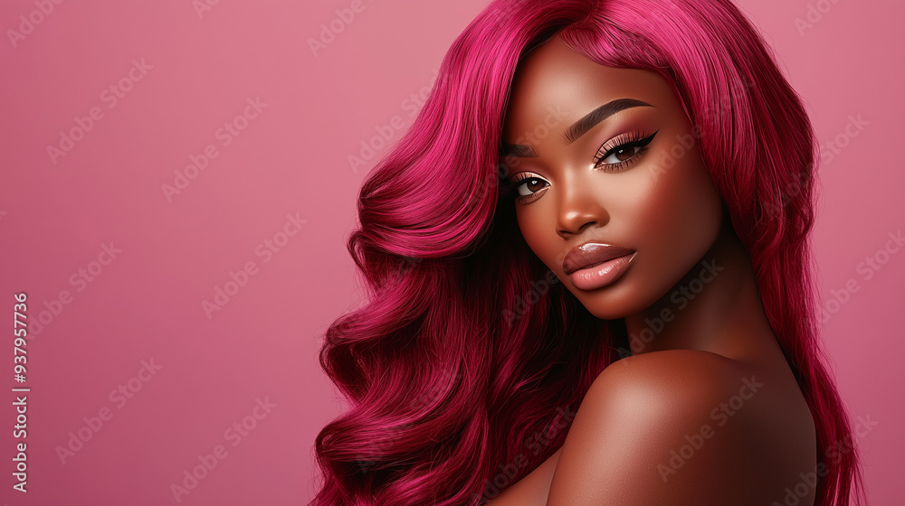 Stunning African American Model with Wavy Pink Hair on pink Background, Copy space Stunning African American Model with Wavy Pink Hair on pink Background, Copy space