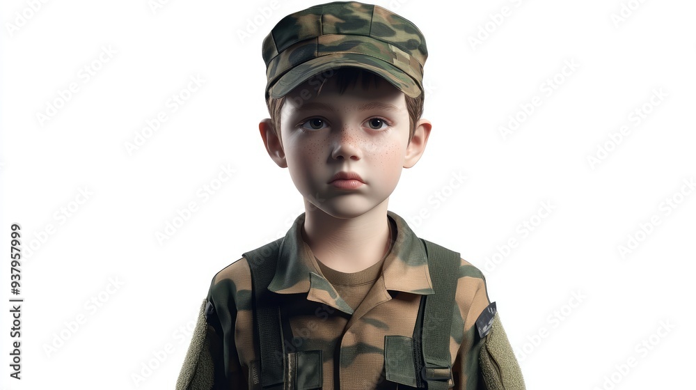 A child wearing a military uniform, 3D illustration, isolated on white background A child wearing a military uniform, 3D illustration, isolated on white background