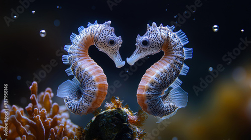 Two seahorses face each other in a stunning underwater setting, creating a heart shape with their bodies, perfect for illustrating marine life, love themes, or aquatic conservation efforts,