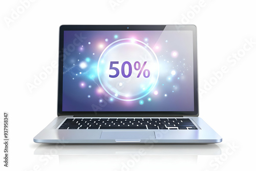 Flat Laptop with Holographic Discount Signs concept as Horizontal shot of a laptop on a white surface with glowing holographic discount signs floating around it offering a tech driven Black Friday the
