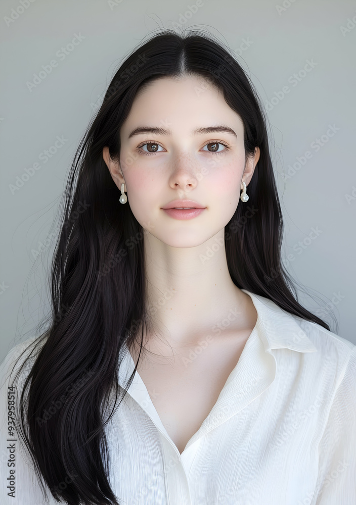 Portrait of a Beautiful Young Woman with Long Dark Hair Wearing Elegant Earrings and a White Dress Portrait of a Beautiful Young Woman with Long Dark Hair Wearing Elegant Earrings and a White Dress