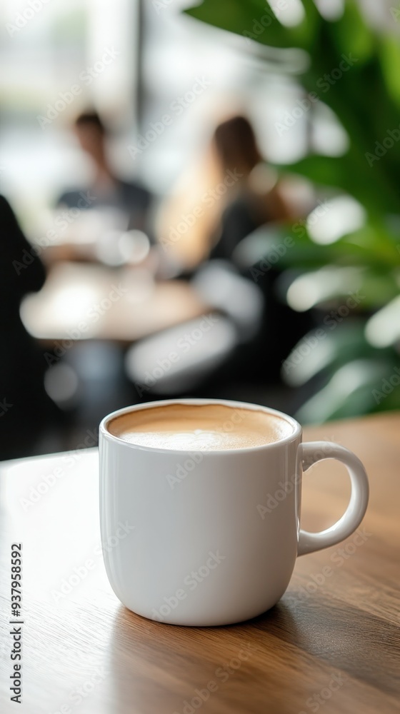 Fototapeta premium Warm cup of coffee rests on table during afternoon gathering at café