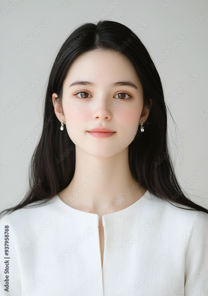 Portrait of a Beautiful Young Woman with Long Dark Hair Wearing Elegant Earrings and a White Dress Portrait of a Beautiful Young Woman with Long Dark Hair Wearing Elegant Earrings and a White Dress