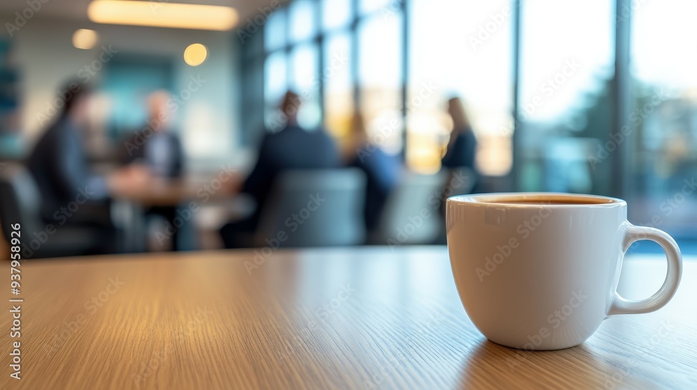 Coffee cup in foreground with business meeting taking place in background Coffee cup in foreground with business meeting taking place in background