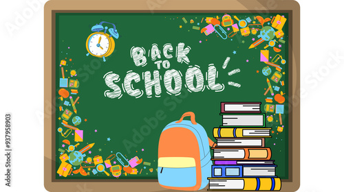A chalkboard with school supplies, globe, and books, featuring 