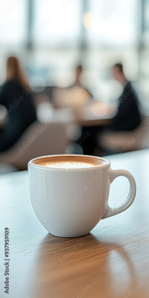 Coffee cup on a table with blurred people working in a café Coffee cup on a table with blurred people working in a café