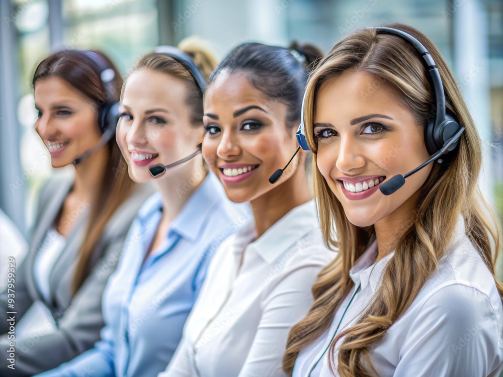 Friendly female customer service representatives wearing headsets and smiling, working together in a modern call center office, providing excellent one-stop support to clients. Friendly female customer service representatives wearing headsets and smiling, working together in a modern call center office, providing excellent one-stop support to clients.