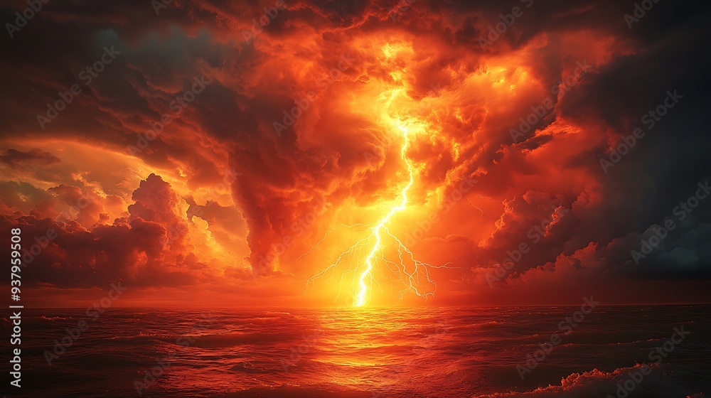 A powerful lightning bolt strikes through a fiery sky over a stormy sea. A powerful lightning bolt strikes through a fiery sky over a stormy sea.