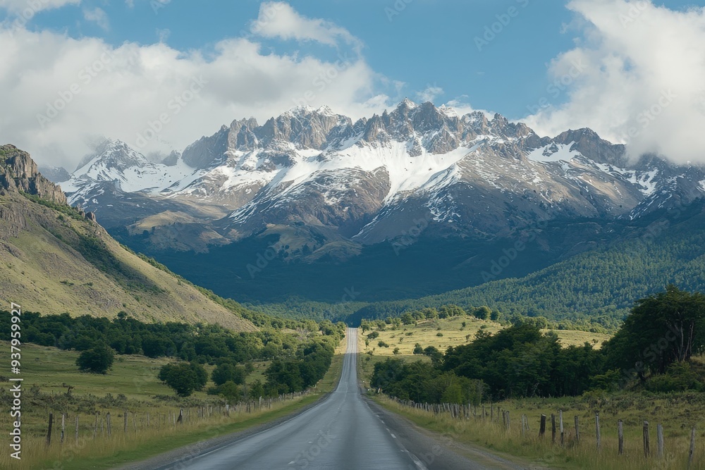 Wide open road leading to snow-capped mountains under a blue sky Wide open road leading to snow-capped mountains under a blue sky