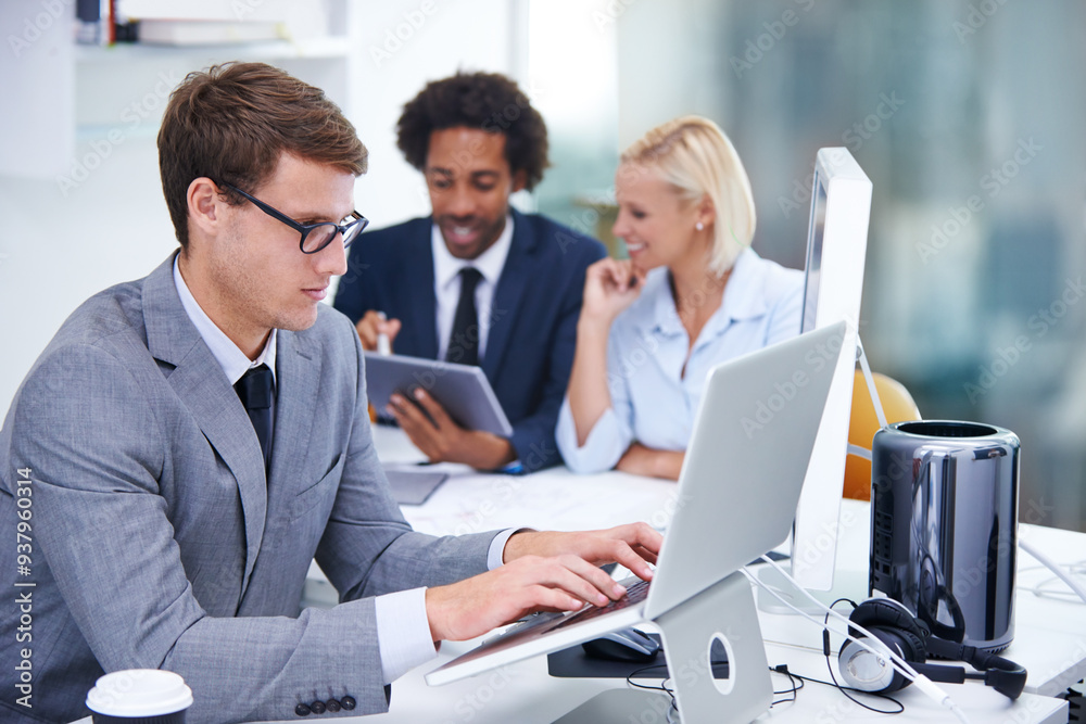 Serious, laptop and man with glasses, office and thinking of financial report, review and accountant. Typing, bookkeeper and person with project for budget of company, tech and professional with idea Serious, laptop and man with glasses, office and thinking of financial report, review and accountant. Typing, bookkeeper and person with project for budget of company, tech and professional with idea