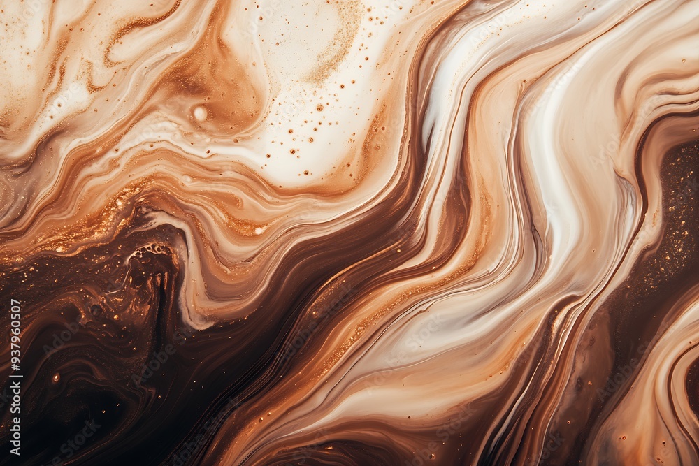 Abstract brown and white liquid paint swirls, artistic pattern, top view chocolate milk texture. Abstract brown and white liquid paint swirls, artistic pattern, top view chocolate milk texture.