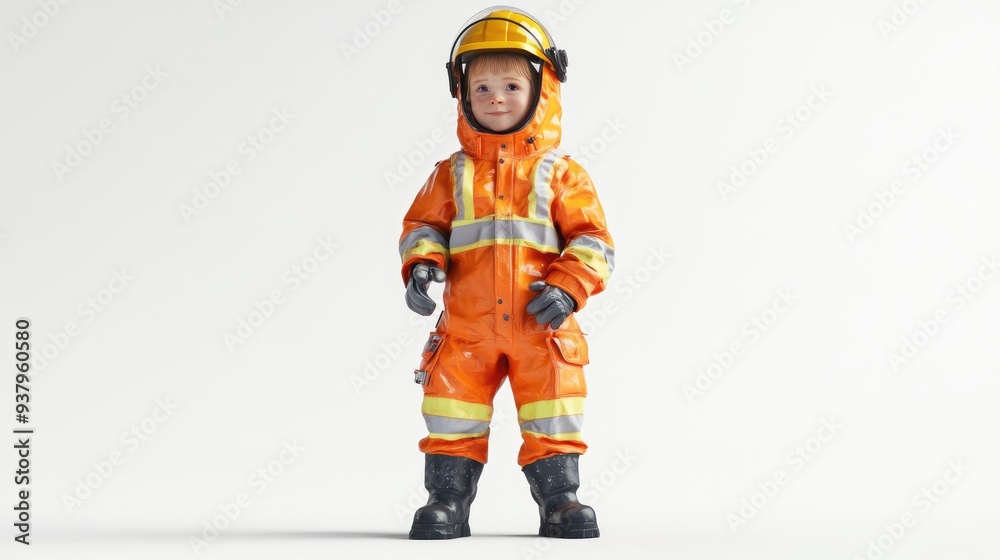 A child wearing a safety suit, 3D illustration, isolated on white background A child wearing a safety suit, 3D illustration, isolated on white background