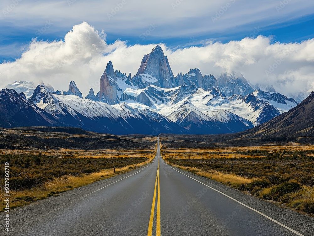 Naklejka premium Majestic mountains rise above a winding road in Torres del Paine