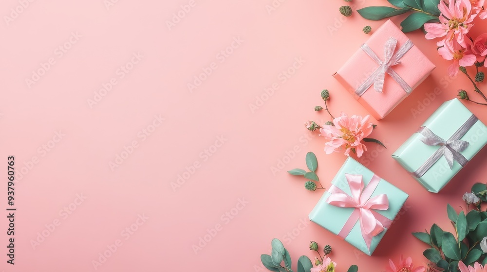 Delicate roses and gift boxes displayed on a pastel pink background. Delicate roses and gift boxes displayed on a pastel pink background.