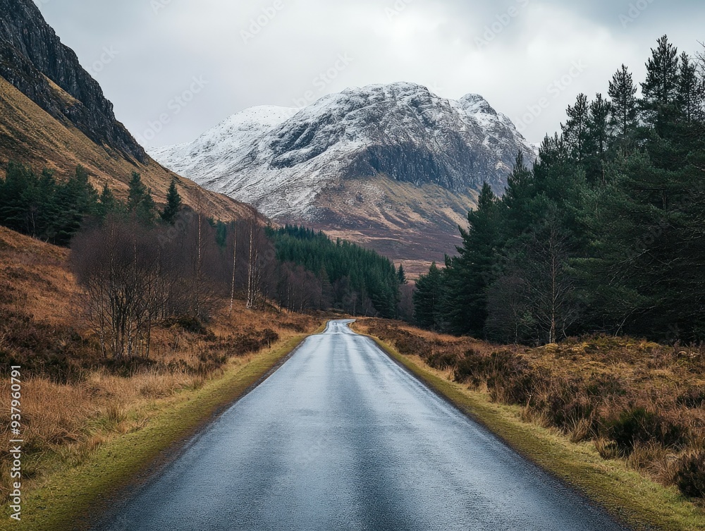 Serene road unwinding through the mountains on a cloudy winter day Serene road unwinding through the mountains on a cloudy winter day