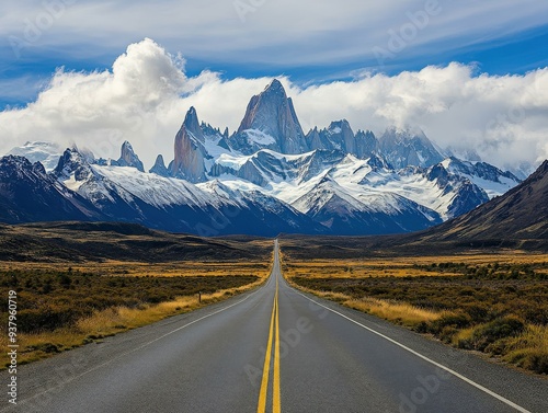 Majestic mountains rise above a winding road in Torres del Paine