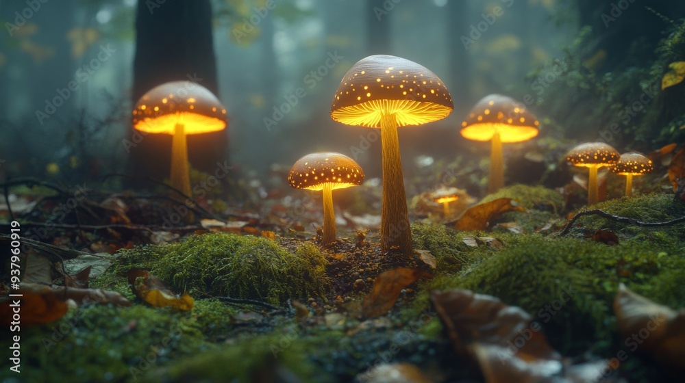 Fototapeta premium Glowing mushrooms in a misty forest, creating a mystical atmosphere.