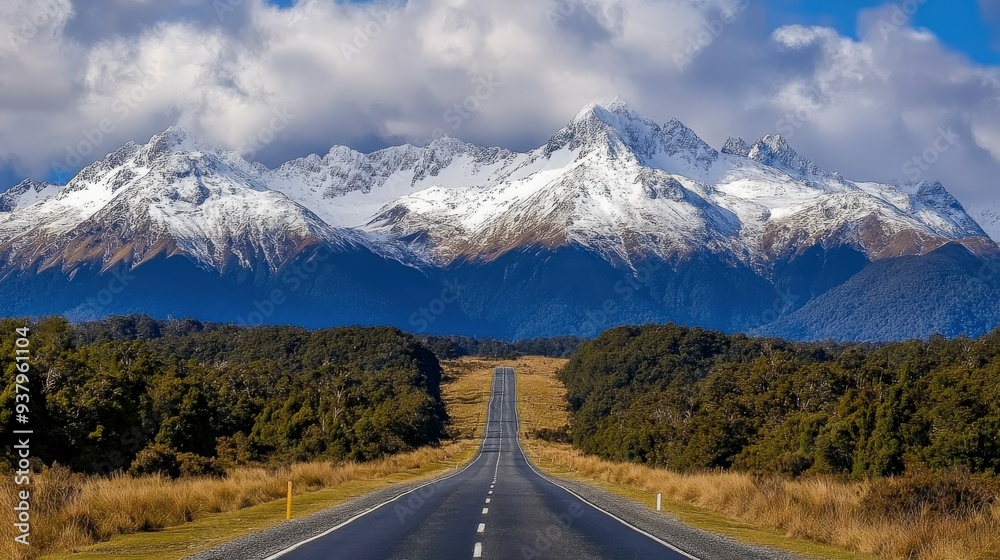 Fototapeta premium Scenic mountain landscape along a winding road under blue sky