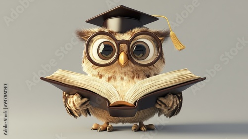 A 3D cartoon owl with large glasses perched on its beak, holding an open book with its wings. The owl appears wise and studious, wearing a little graduation cap on its head. photo