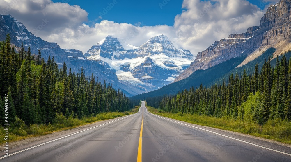 Naklejka premium Scenic road through mountains and forests during a sunny day