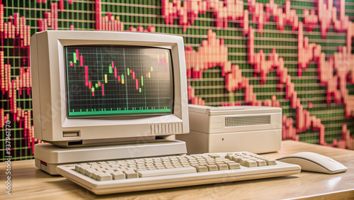 Retro computer with investment trend chart and graphs in background highlighting financial analysis data.
