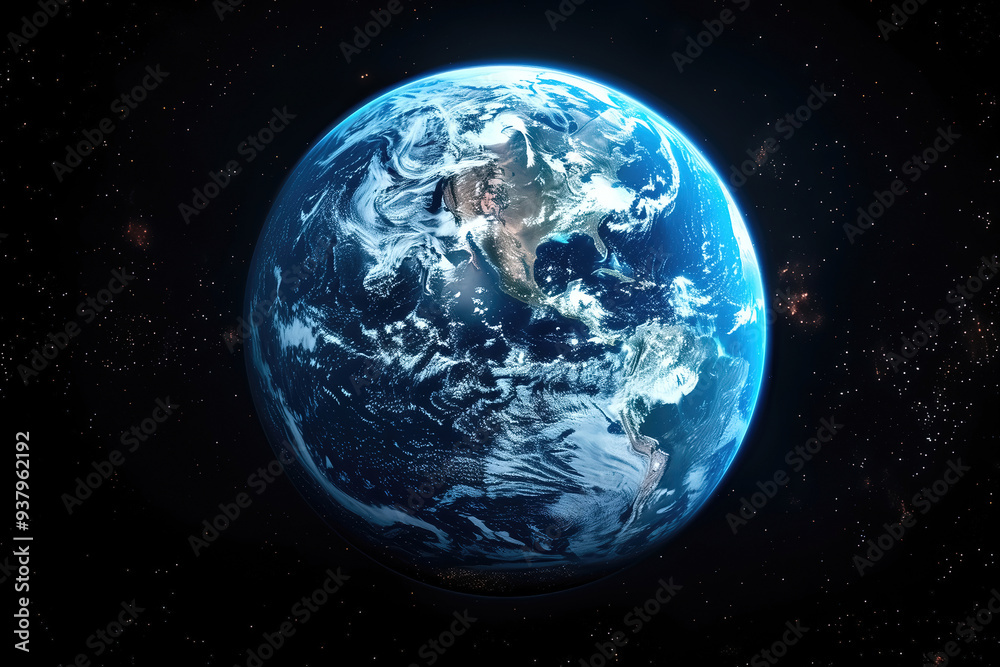 Fototapeta premium Earth planet isolated on black. Science fiction fictional cosmic background with earth globe