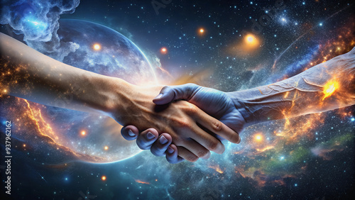 Two hands joining in a handshake against the backdrop of deep space and stars.