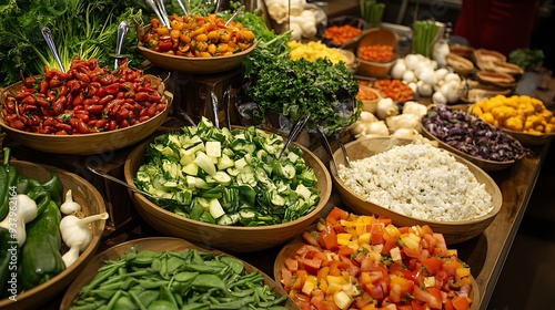 A variety of fresh vegetables and plant-based ingredients on display at a vegetarian food festival