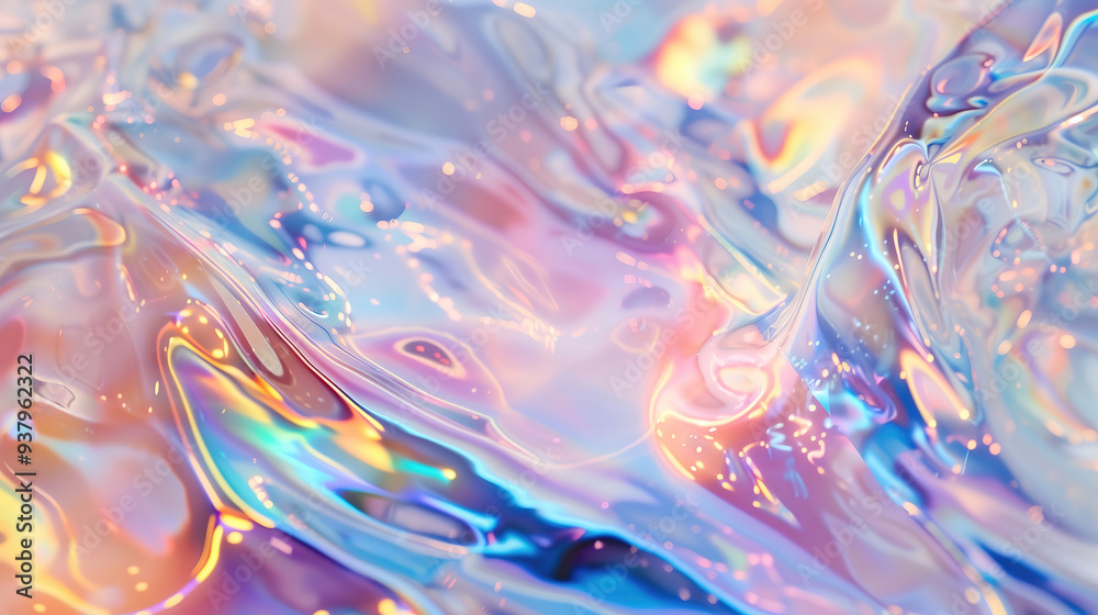 Fototapeta premium Water surface with iridescence and opalescence texture, water waves coloful background.