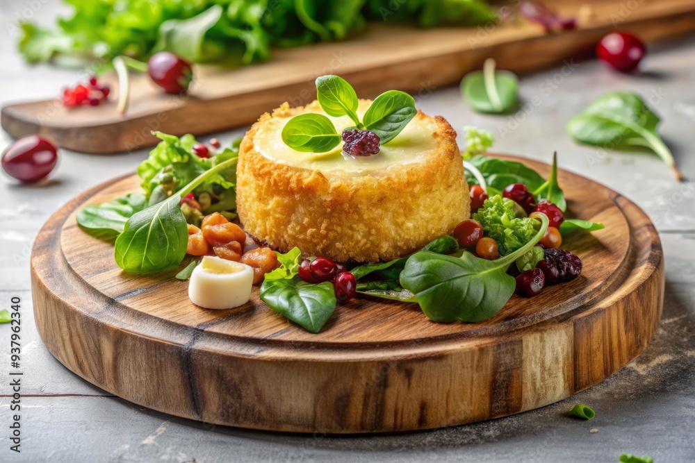 Gourmet appetizer featuring crispy fried camembert cheese, fresh green salad, and garnishes, artfully arranged on a rustic wooden board plate on a white marble table. Gourmet appetizer featuring crispy fried camembert cheese, fresh green salad, and garnishes, artfully arranged on a rustic wooden board plate on a white marble table.