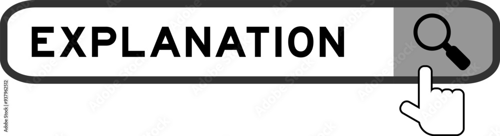 Search banner in word explanation with hand over magnifier icon on white background Search banner in word explanation with hand over magnifier icon on white background