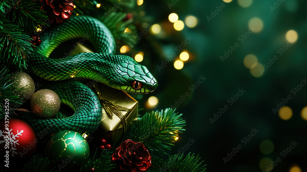 Green Earth Snake Christmas Chinese New Year 2025 Symbol Banner. Christmas Green background with decorations, Christmas tree, Presents, Gifts, top view copy space Green Earth Snake Christmas Chinese New Year 2025 Symbol Banner. Christmas Green background with decorations, Christmas tree, Presents, Gifts, top view copy space
