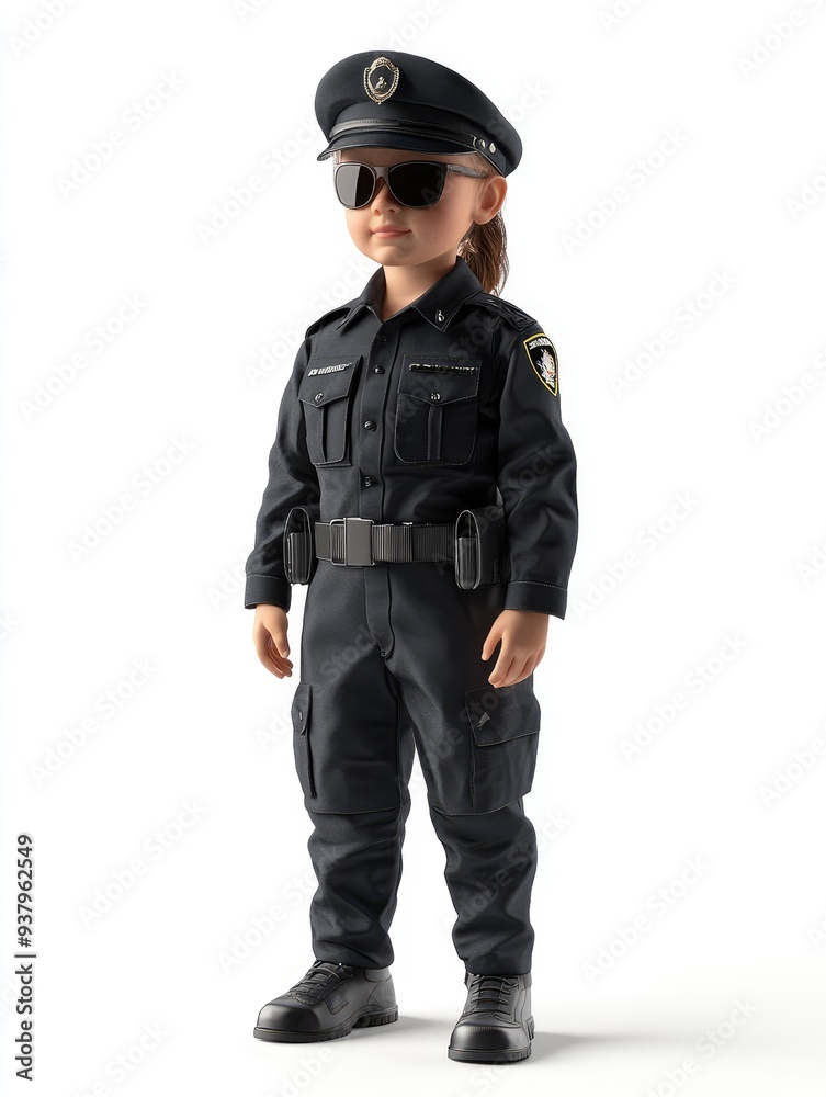 A child wearing a security guard uniform, 3D illustration, isolated on white background A child wearing a security guard uniform, 3D illustration, isolated on white background