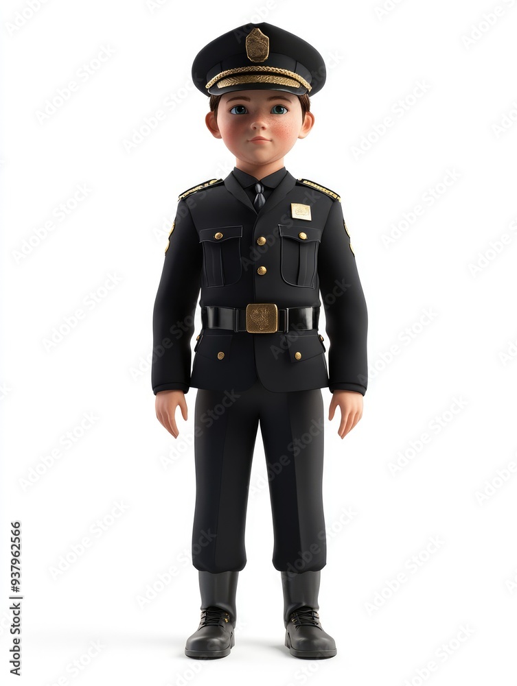 A child wearing a security guard uniform, 3D illustration, isolated on white background A child wearing a security guard uniform, 3D illustration, isolated on white background