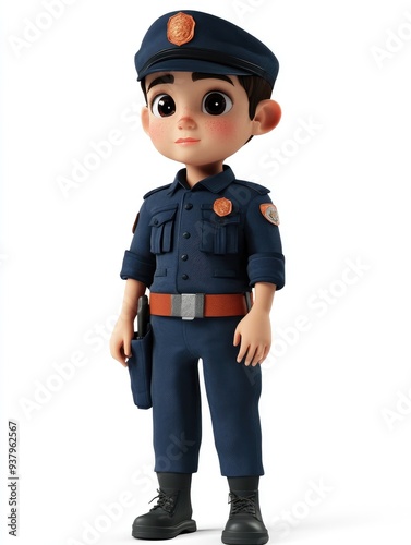 A child wearing a security guard uniform, 3D illustration, isolated on white background