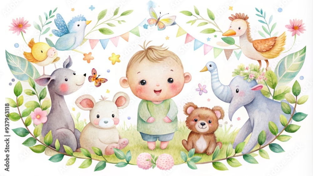 Naklejka premium Hand-Painted Watercolor Illustration Depicting A Tiny Baby Surrounded By Cheerful Animals And Decorations In Soft Pastel Hues, Symbolizing Joyous Welcome.