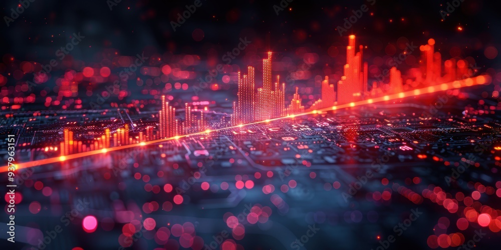 Fototapeta premium Abstract Digital Cityscape with Rising Data Line