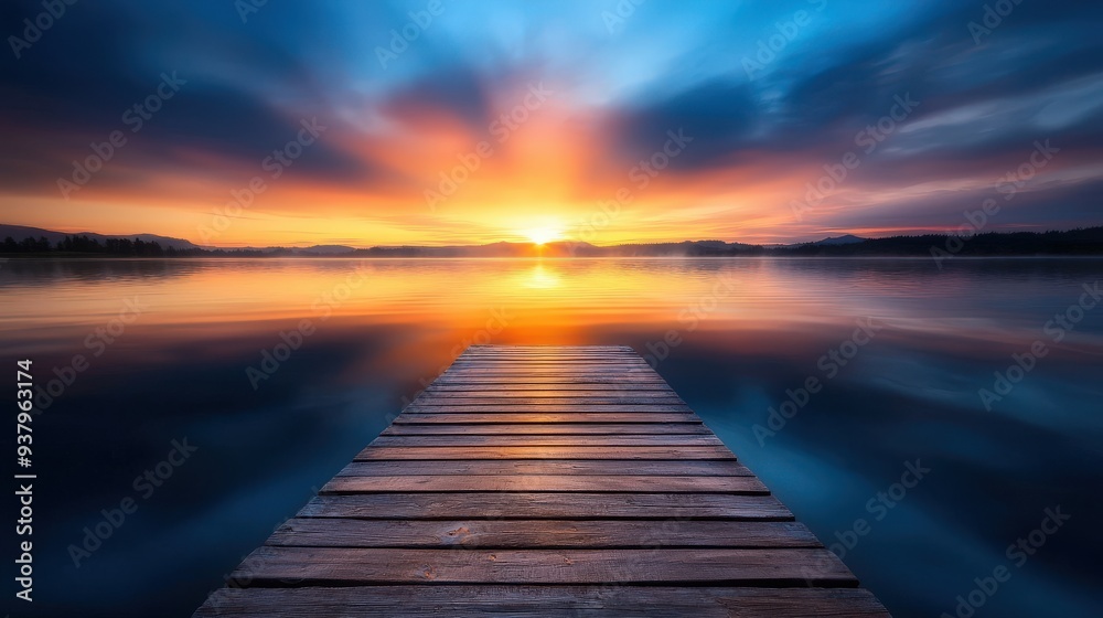 Light breaking through the clouds over a peaceful lake with a wooden dock Light breaking through the clouds over a peaceful lake with a wooden dock