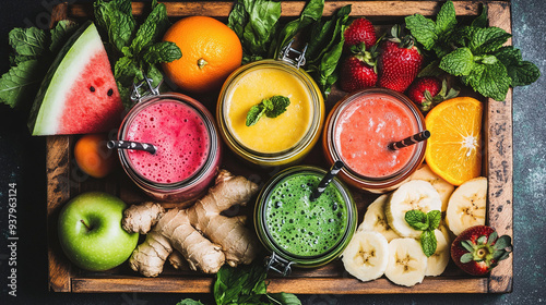 Healthy food concept. Colorful smoothies and fruit juice bottles. Colorful array of fresh fruits and vegetables. Natural feel of organic food. Healthy lifestyle. Fresh fruits background. Copy space