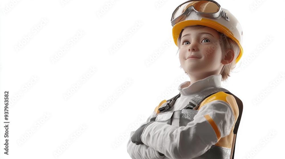 Fototapeta premium A child wearing an engineering suit, 3D illustration, isolated on white background 