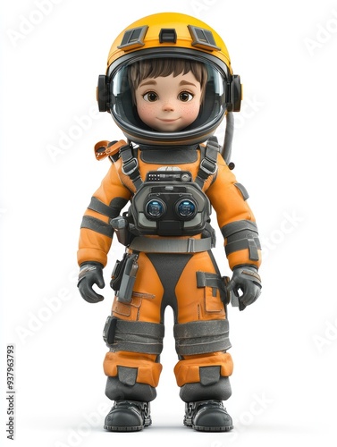 A child wearing an engineering suit, 3D illustration, isolated on white background 