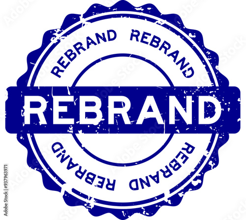 Grunge blue rebrand word round rubber seal stamp on white background