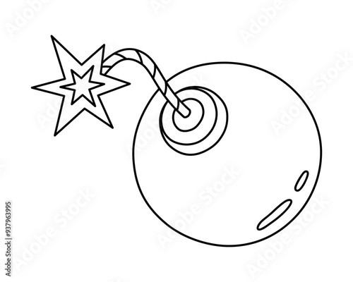 Hand drawn cute outline illustration of bomb with burning wick. Danger explosive weapon. Flat vector stress or problem line art doodle style. Planning or time management icon. Event deadline. Isolated