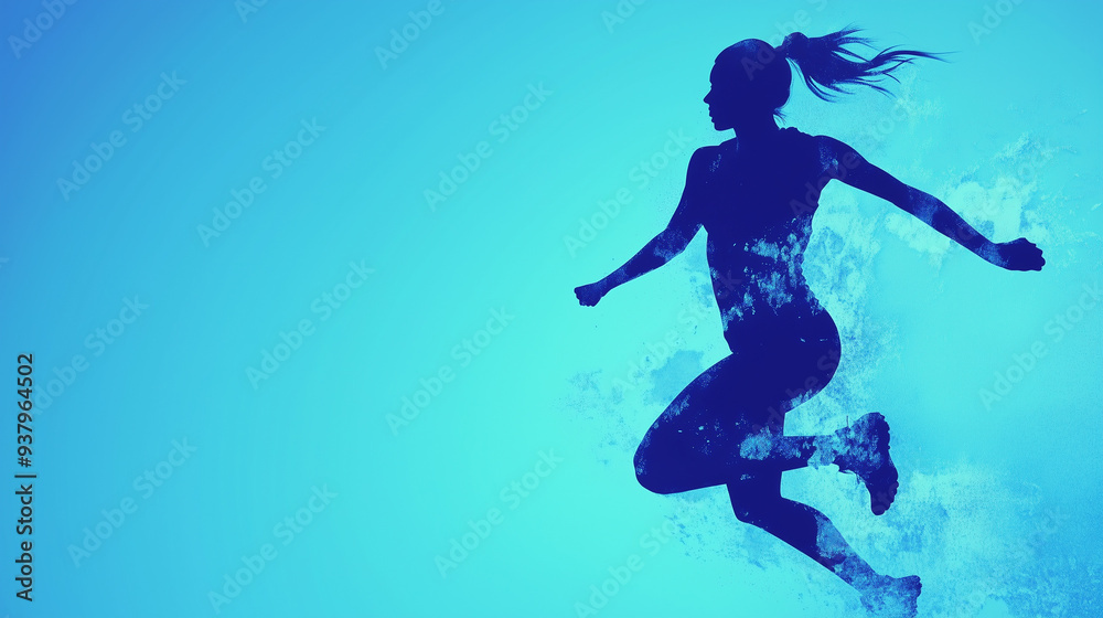 Fototapeta premium Silhouette of a female athlete jumping with a dynamic blue watercolor background, conveying energy and movement