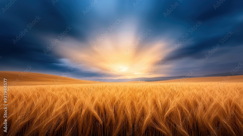 Fototapeta premium Light breaking through the clouds over a rolling landscape of golden wheat fields