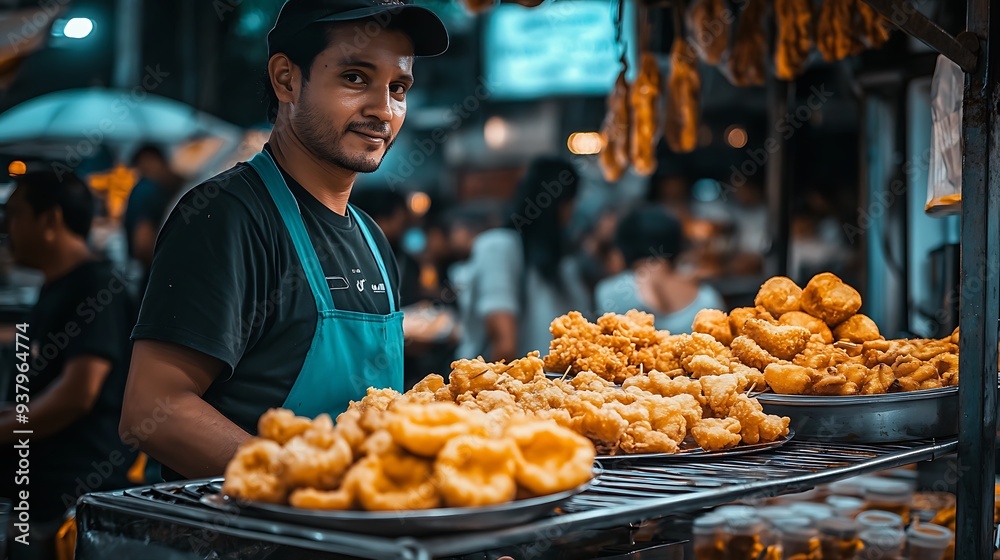 Street vendor showcasing a variety of fried foods on a metal rack, with busy market scenes behind Street vendor showcasing a variety of fried foods on a metal rack, with busy market scenes behind