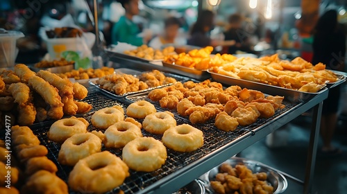 Street vendor showcasing a variety of fried foods on a metal rack, with busy market scenes behind